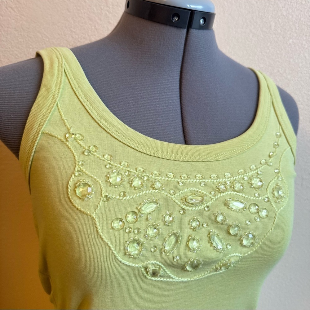 Y2K Lime Green Embellished Tank Top Beaded Rhinestone Fairycore Coastal Summer - Picture 8 of 11